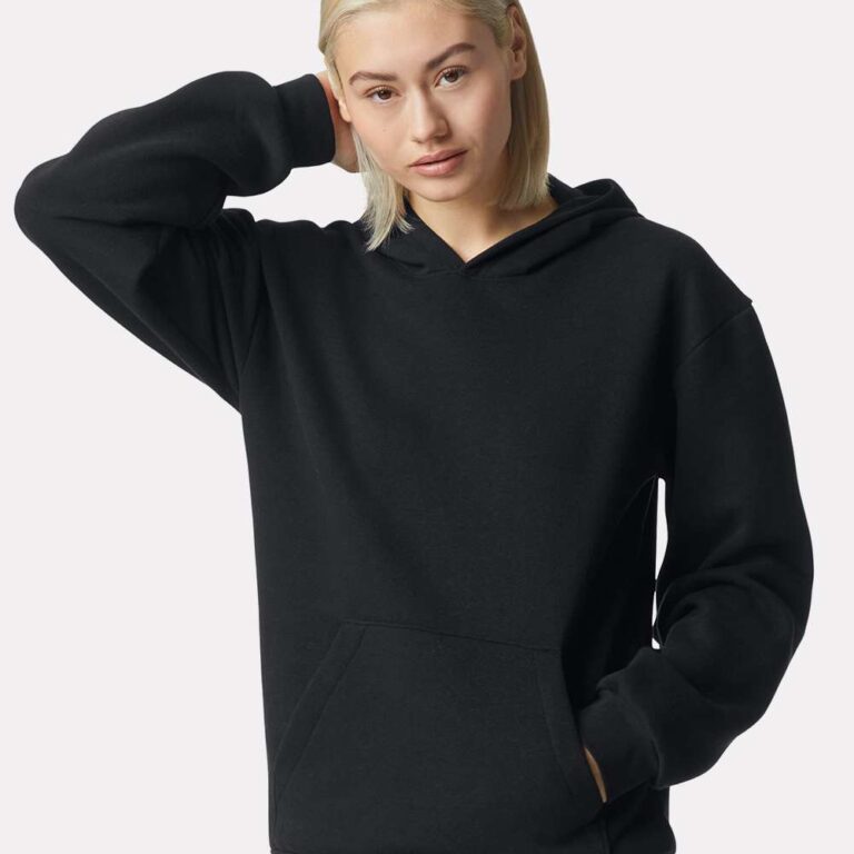Woman wearing a black hoodie with a front pocket and hood