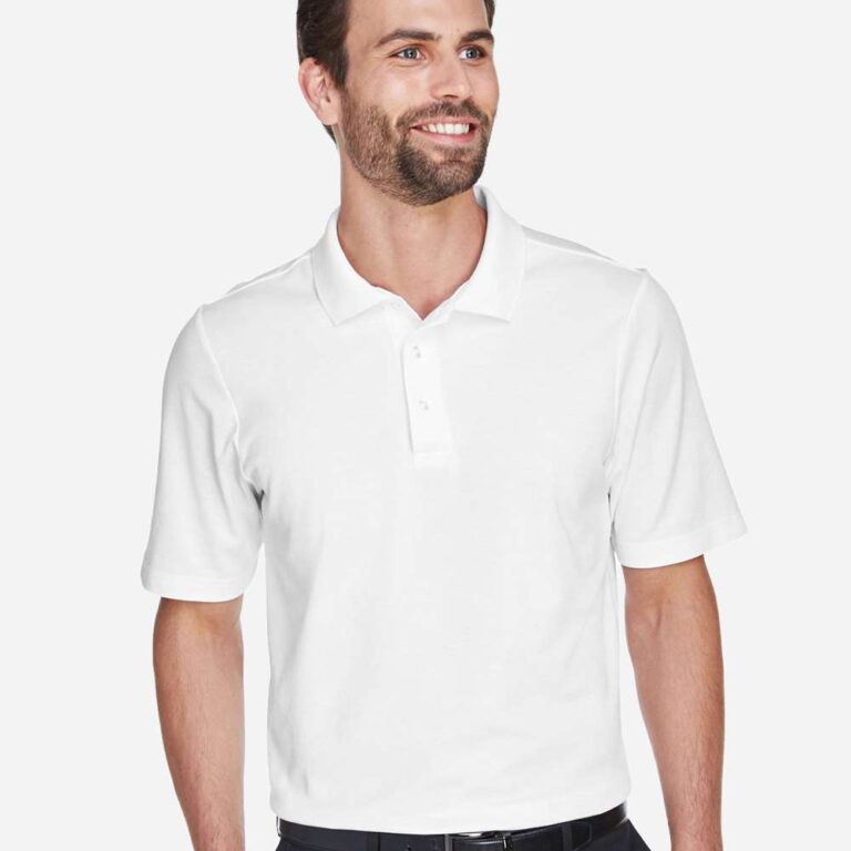 Man in a white short sleeve polo shirt and black trousers with a black belt.