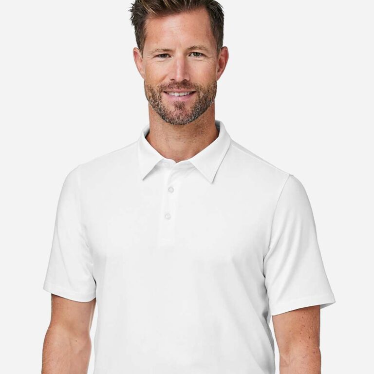 Man wearing a white short sleeve polo shirt and black pants