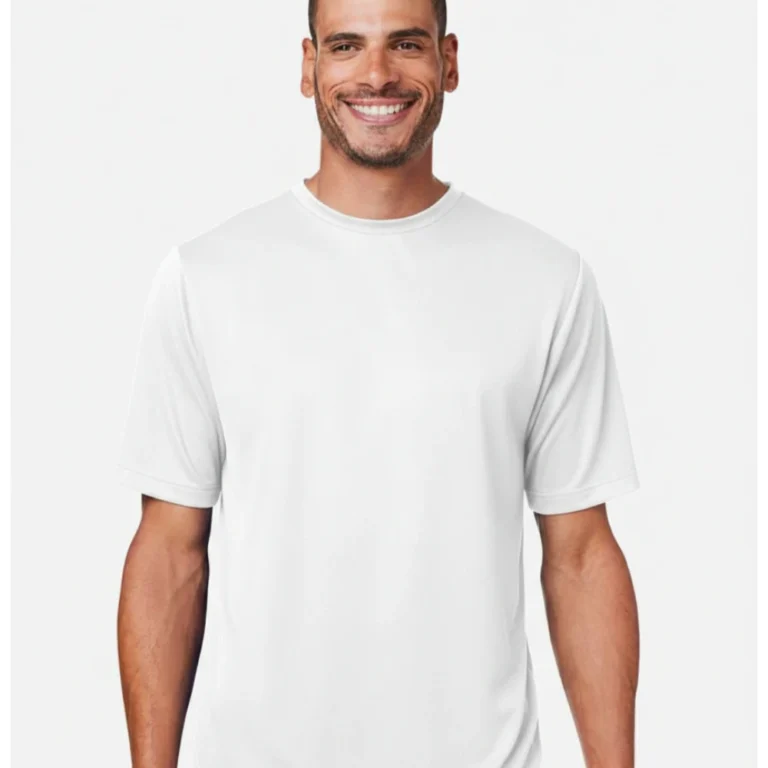 Man wearing a plain white short-sleeved t-shirt and black shorts