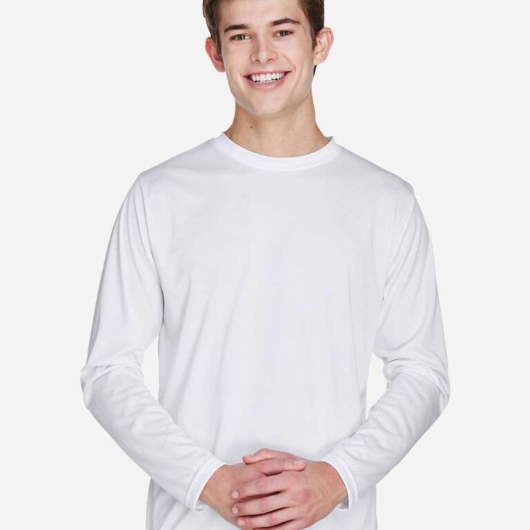 Man wearing white long-sleeve t-shirt