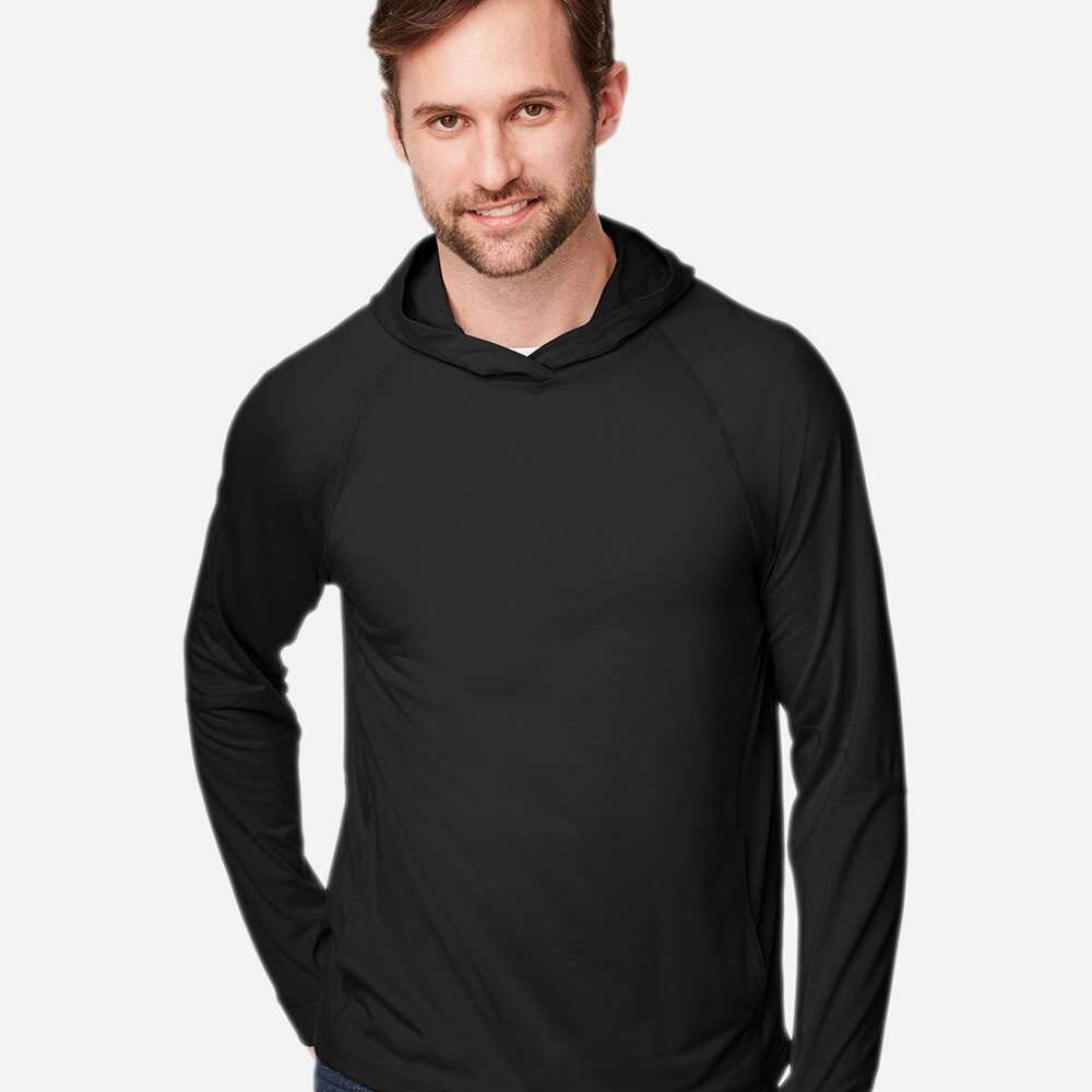 Man wearing black long sleeve hooded shirt with thumbholes