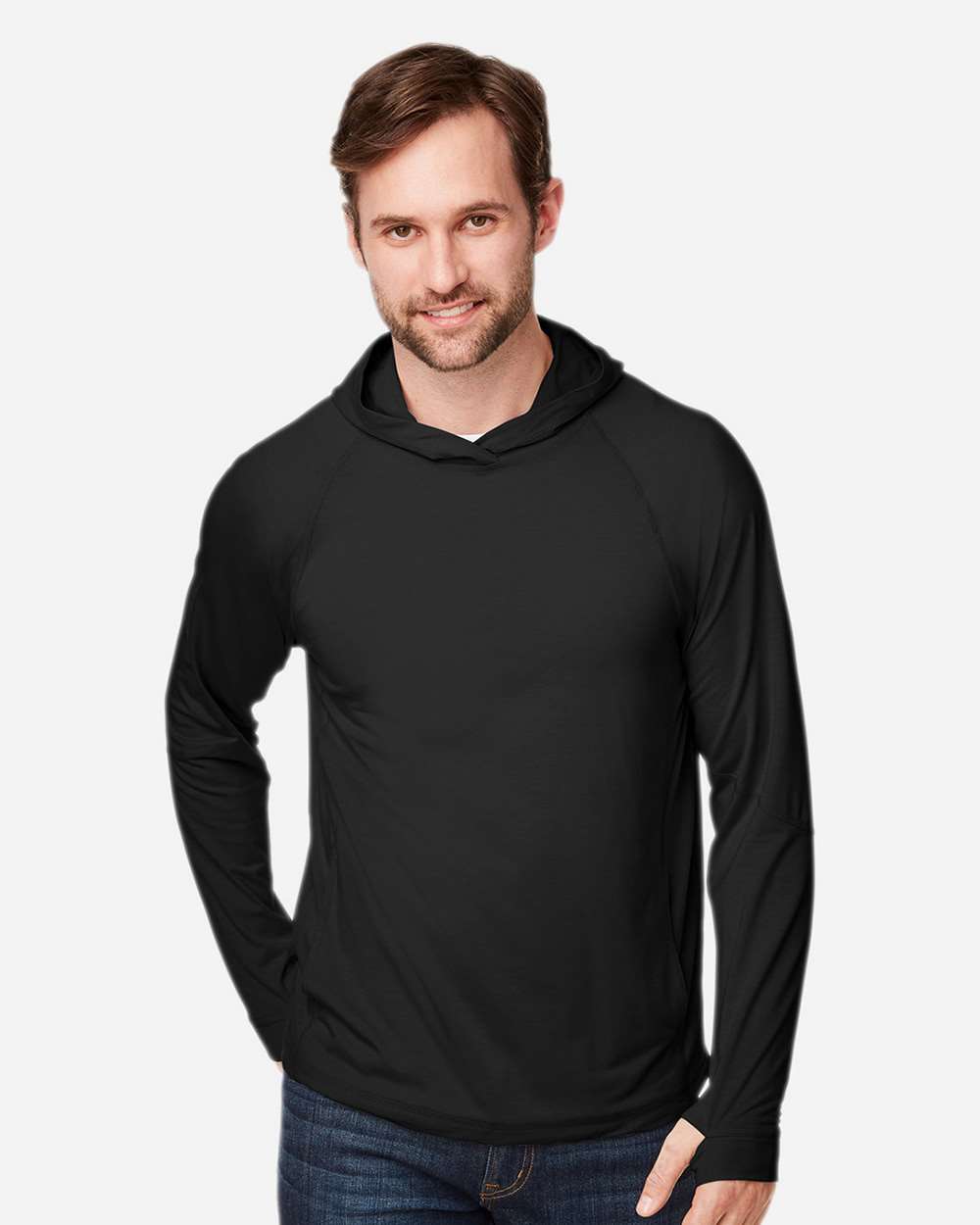 Man wearing black long sleeve hooded shirt with thumbholes