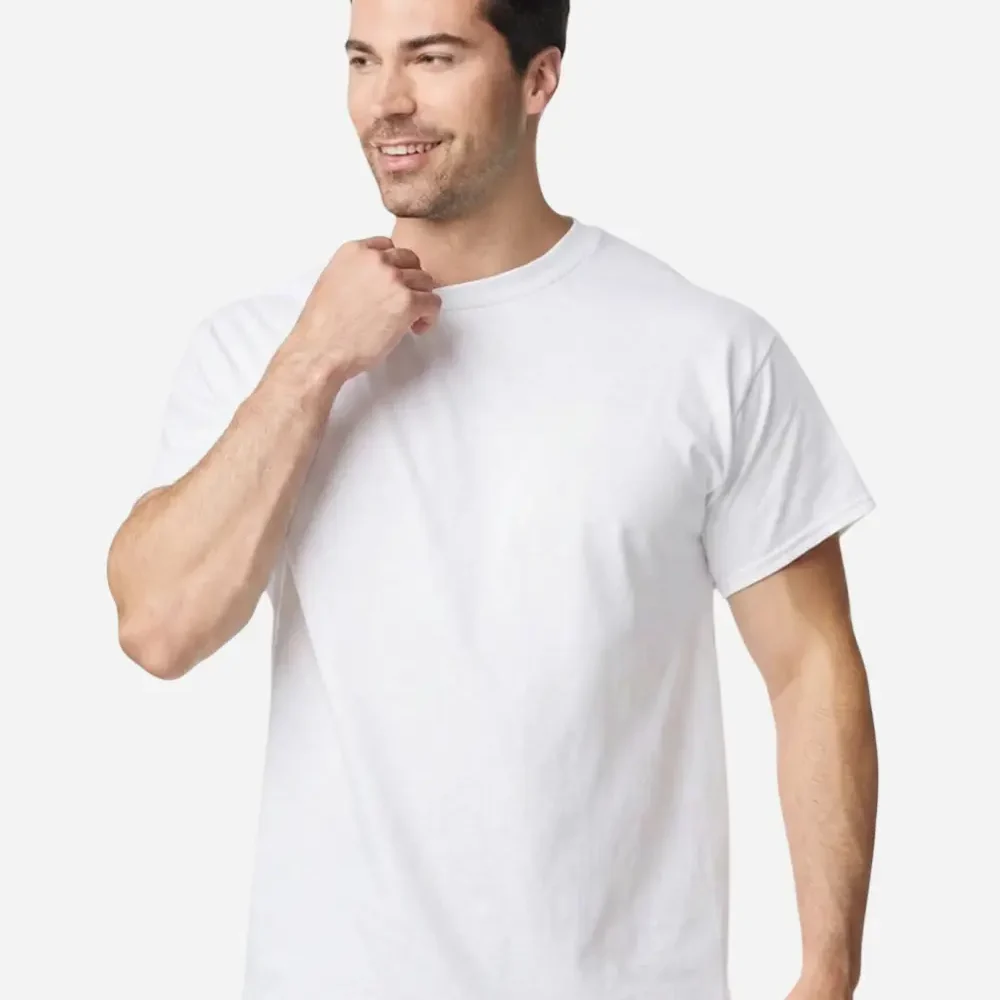 Man in a white t-shirt adjusting his collar.