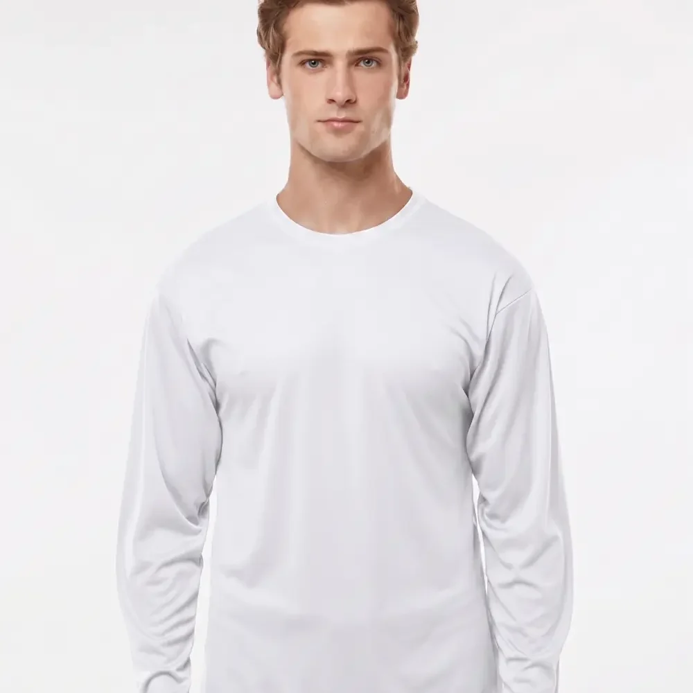 Man wearing a white long-sleeved t-shirt on a white background