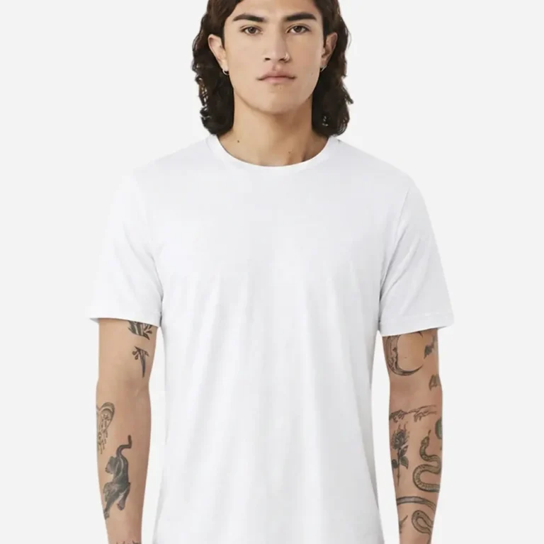 Man wearing a plain white t-shirt with elaborate arm tattoos.