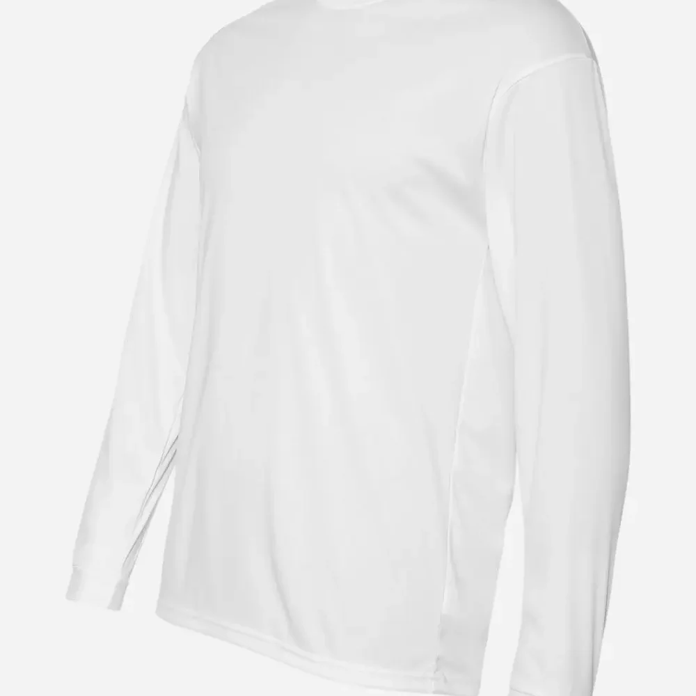 White long-sleeved t-shirt on a light grey background