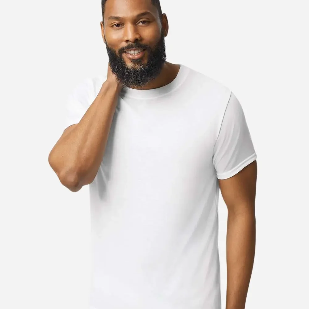 Man in white t-shirt with beard, hand on neck