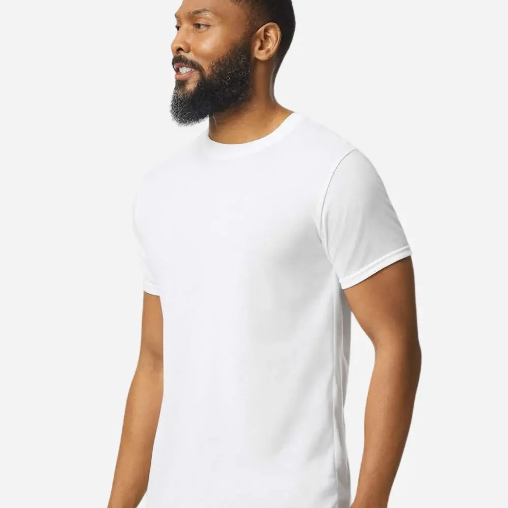 Man in a white short-sleeve t-shirt and grey shorts