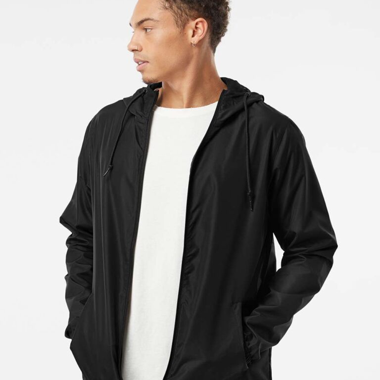 Man wearing black hooded windbreaker jacket with white t-shirt