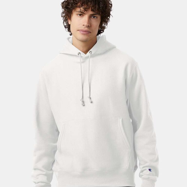 Man wearing a white Champion hoodie with a front pocket and drawstring hood