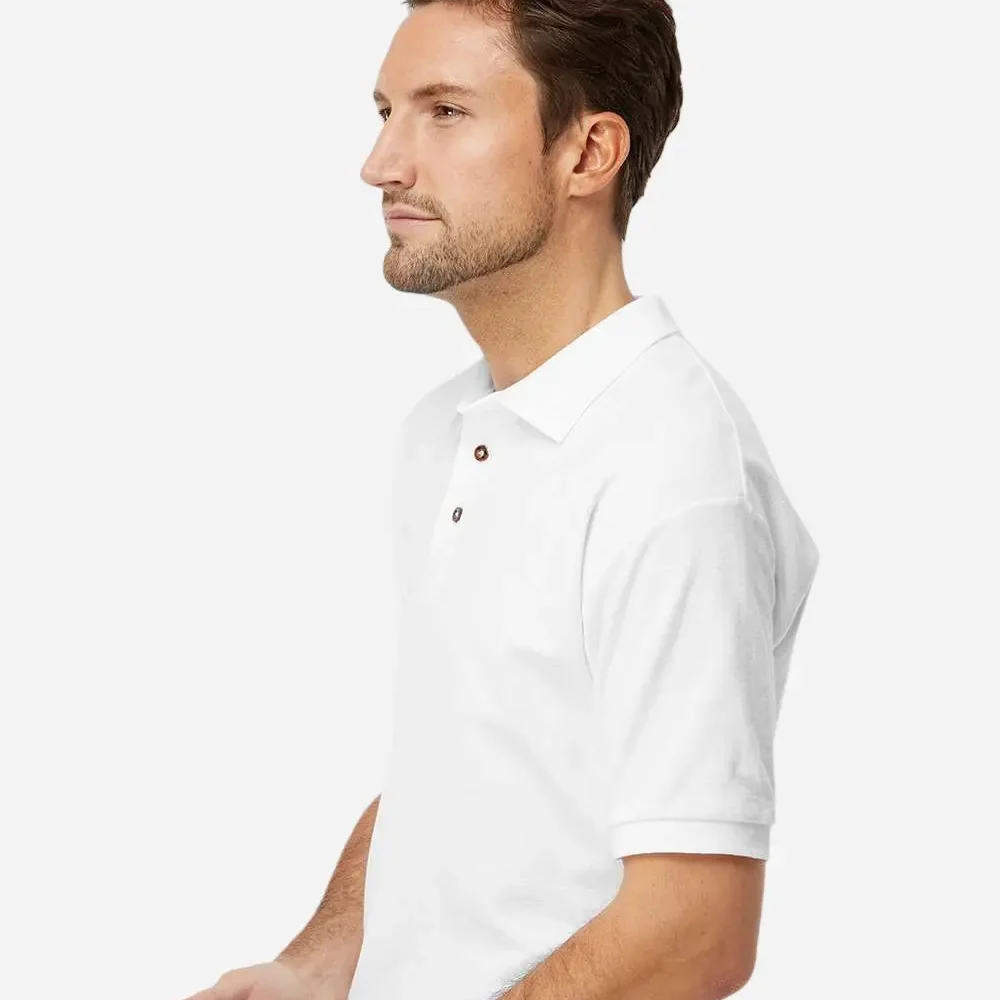 Man in white polo shirt from the side.