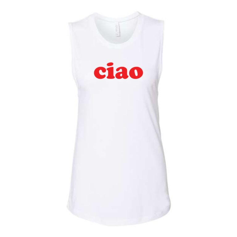 White tank top with red "ciao" lettering