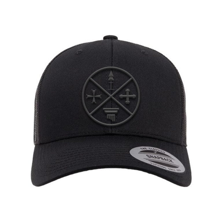 Black trucker cap with circular emblem featuring a staff, crosses, and column fragment.