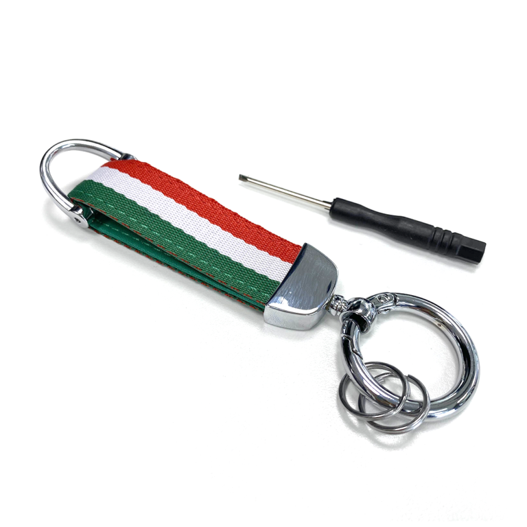 Keychain with striped ribbon and screwdriver