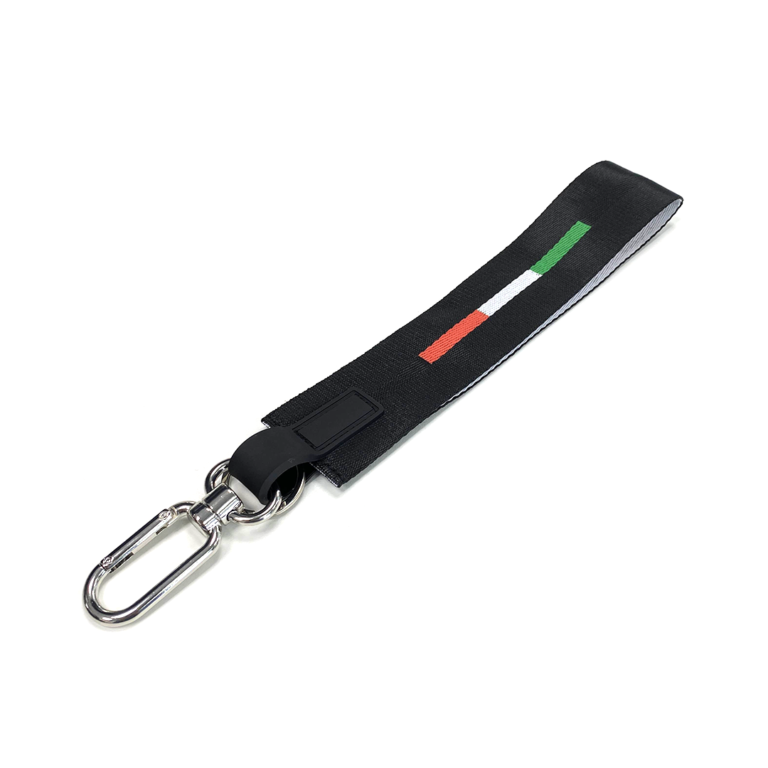 Black keychain lanyard with Italian flag stripes and metal clip