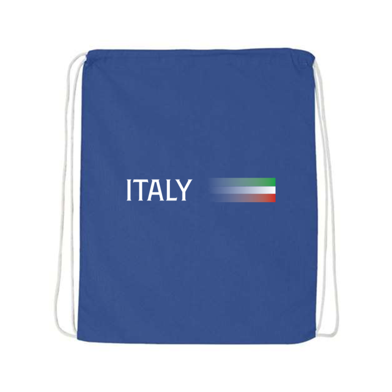 Blue drawstring bag with ITALY text and Italian flag accent