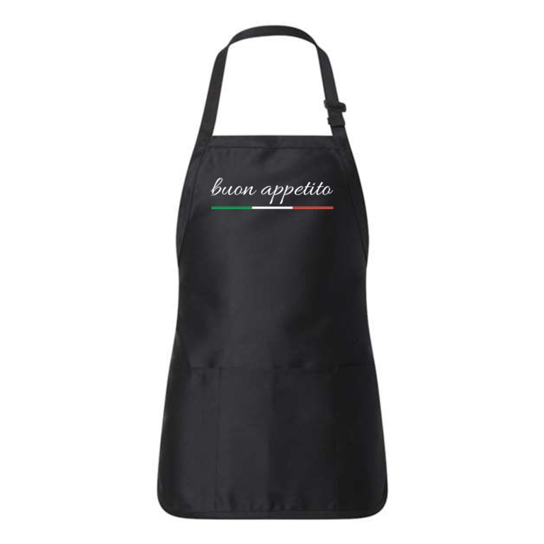 Black apron with "buon appetito" and Italian flag colours