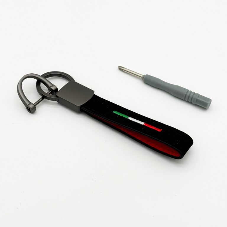 Black fabric keychain with Italian flag colours and screwdriver