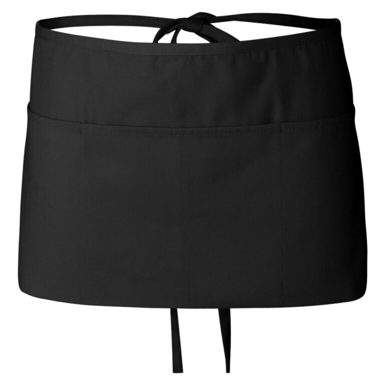 Black half apron with two front pockets and tie waist