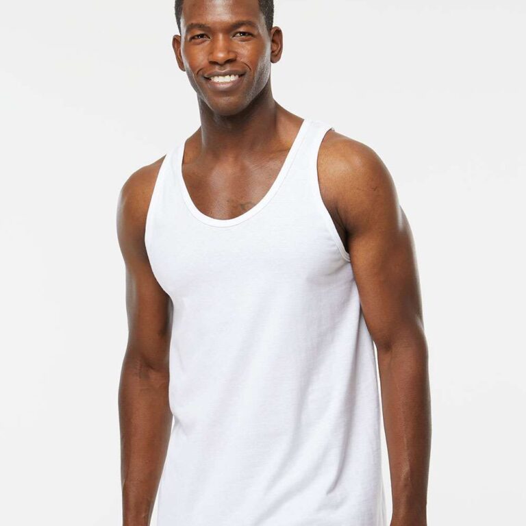 Smiling Black man in a white tank top and jeans.