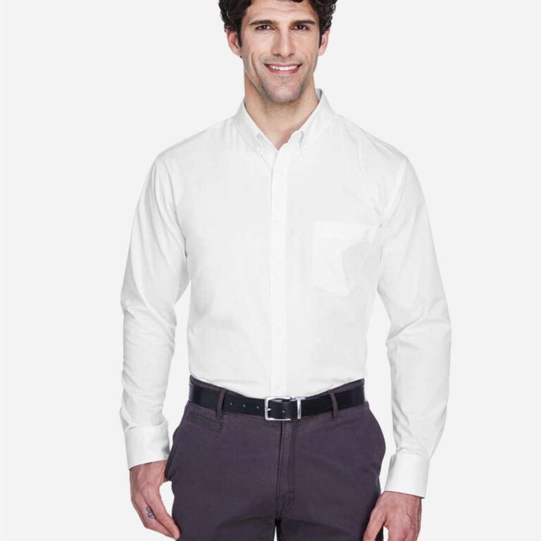 Man wearing white long-sleeve button-up shirt and dark grey trousers with black belt