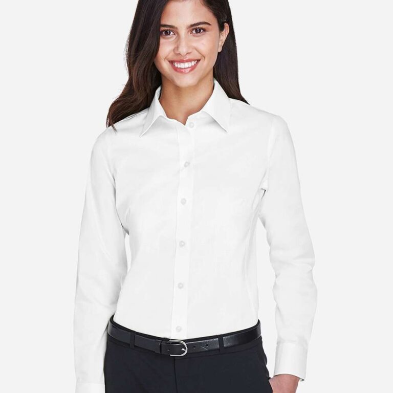Woman wearing white collared button-down shirt and black trousers with belt