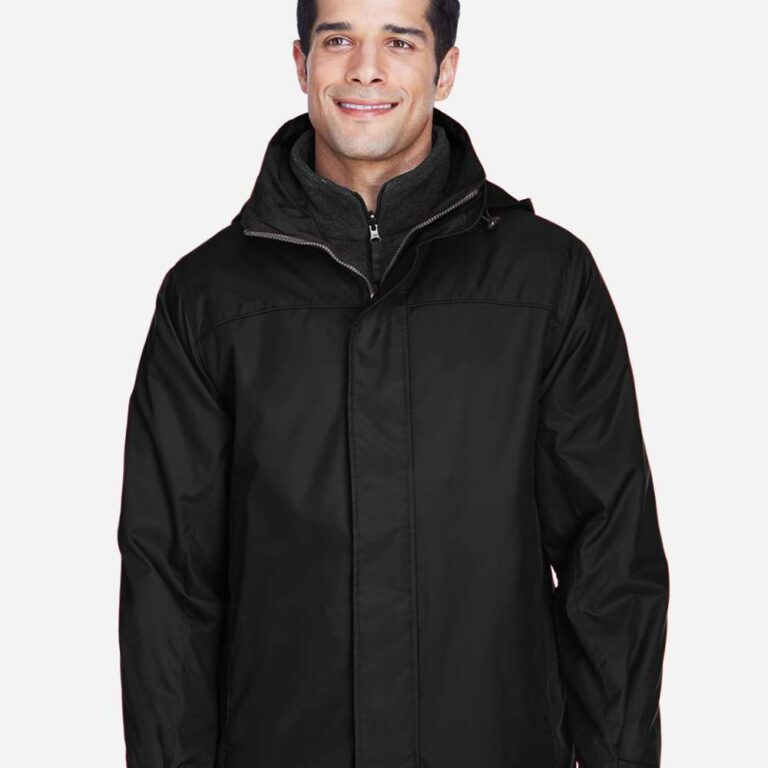 Man wearing black waterproof jacket with grey inner fleece and hood.