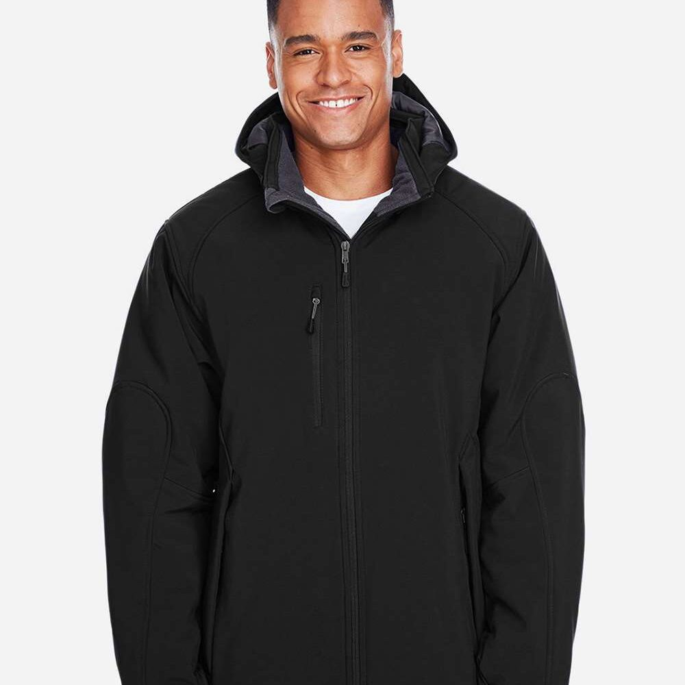 Man wearing a black hooded softshell jacket with grey lining