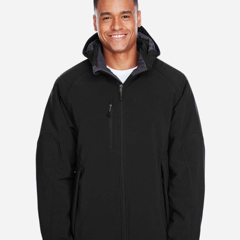 Man wearing a black hooded softshell jacket with grey lining