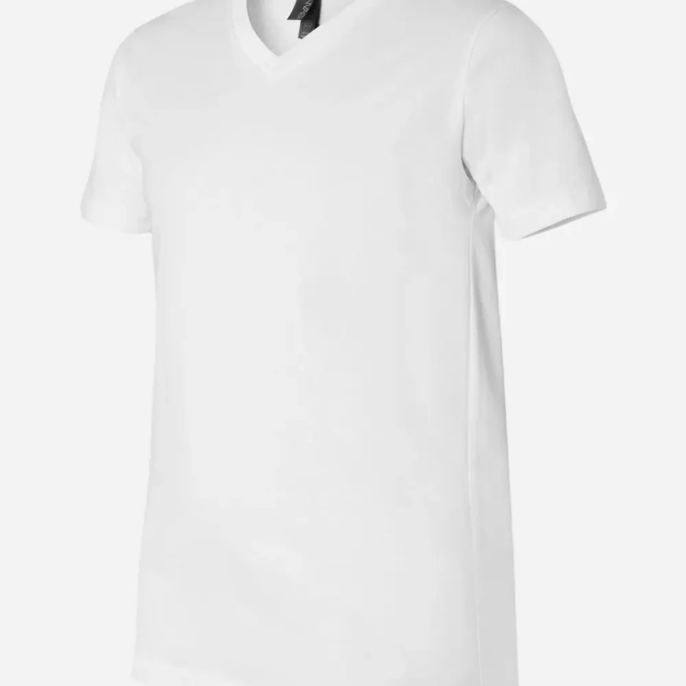 White v-neck t-shirt with a black tag