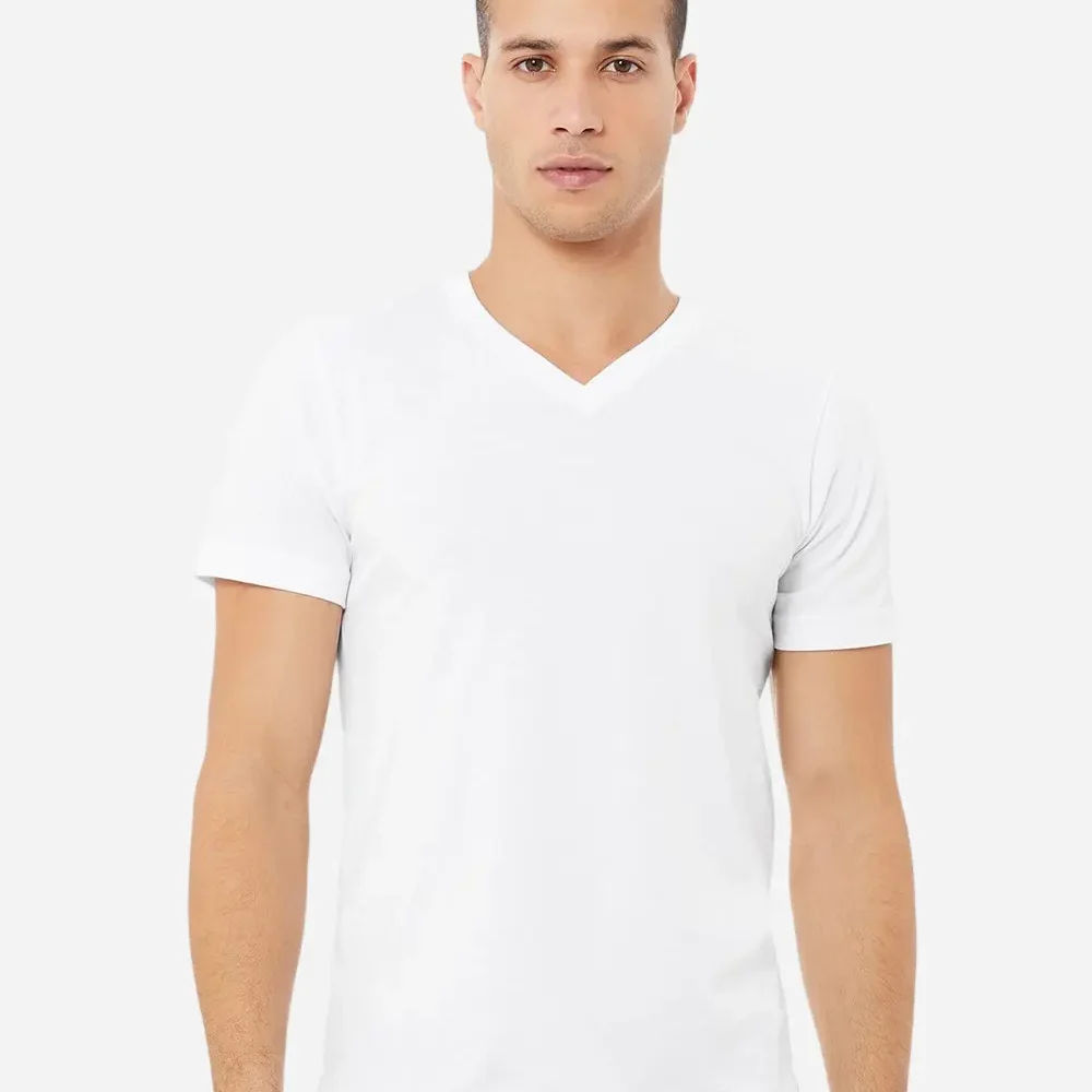 Man wearing a plain white v-neck t-shirt