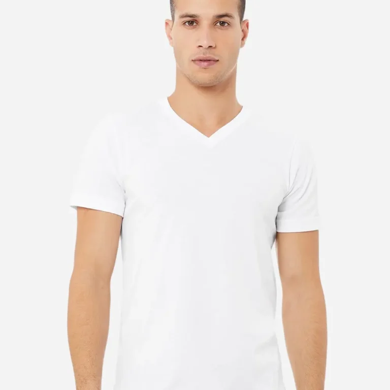 Man wearing a plain white v-neck t-shirt