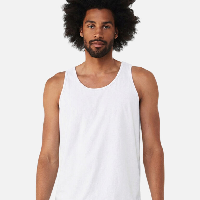 Man with afro wearing white tank top
