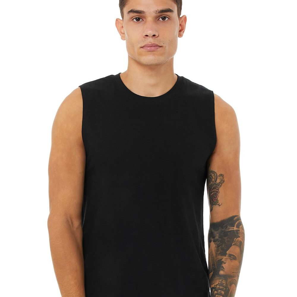 Man wearing a black sleeveless t-shirt with tattoos on his arm