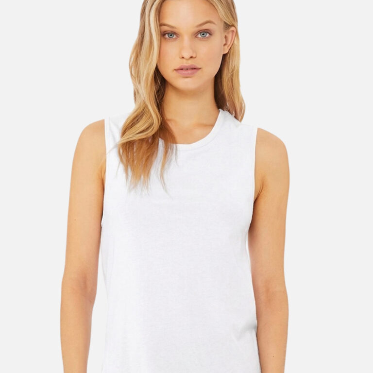 Blonde woman wearing a white sleeveless t-shirt