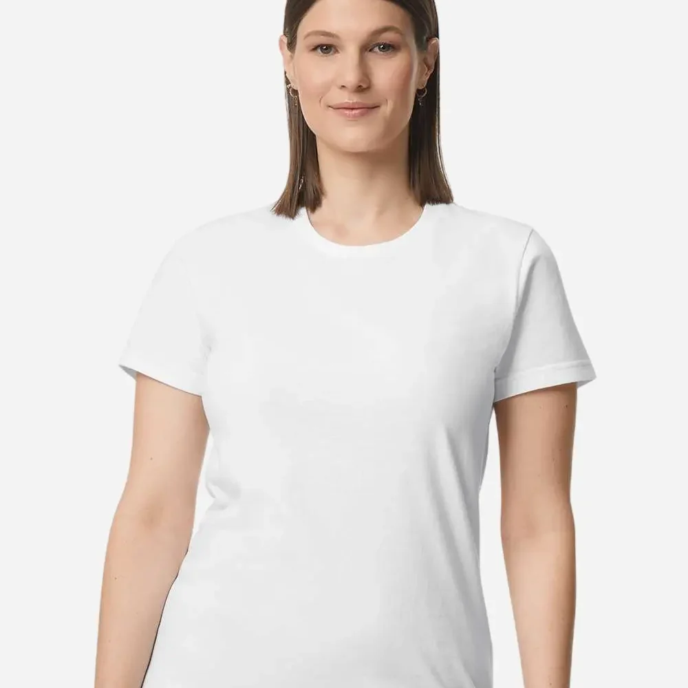 Woman modelling a plain white t-shirt with hoop earrings