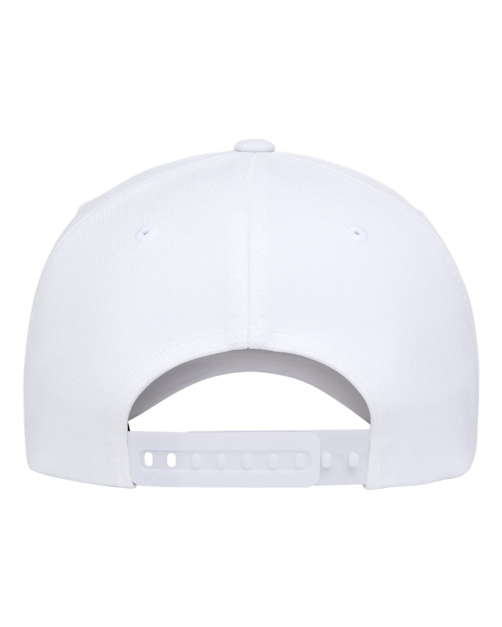 Back of plain white baseball cap with adjustable snapback closure