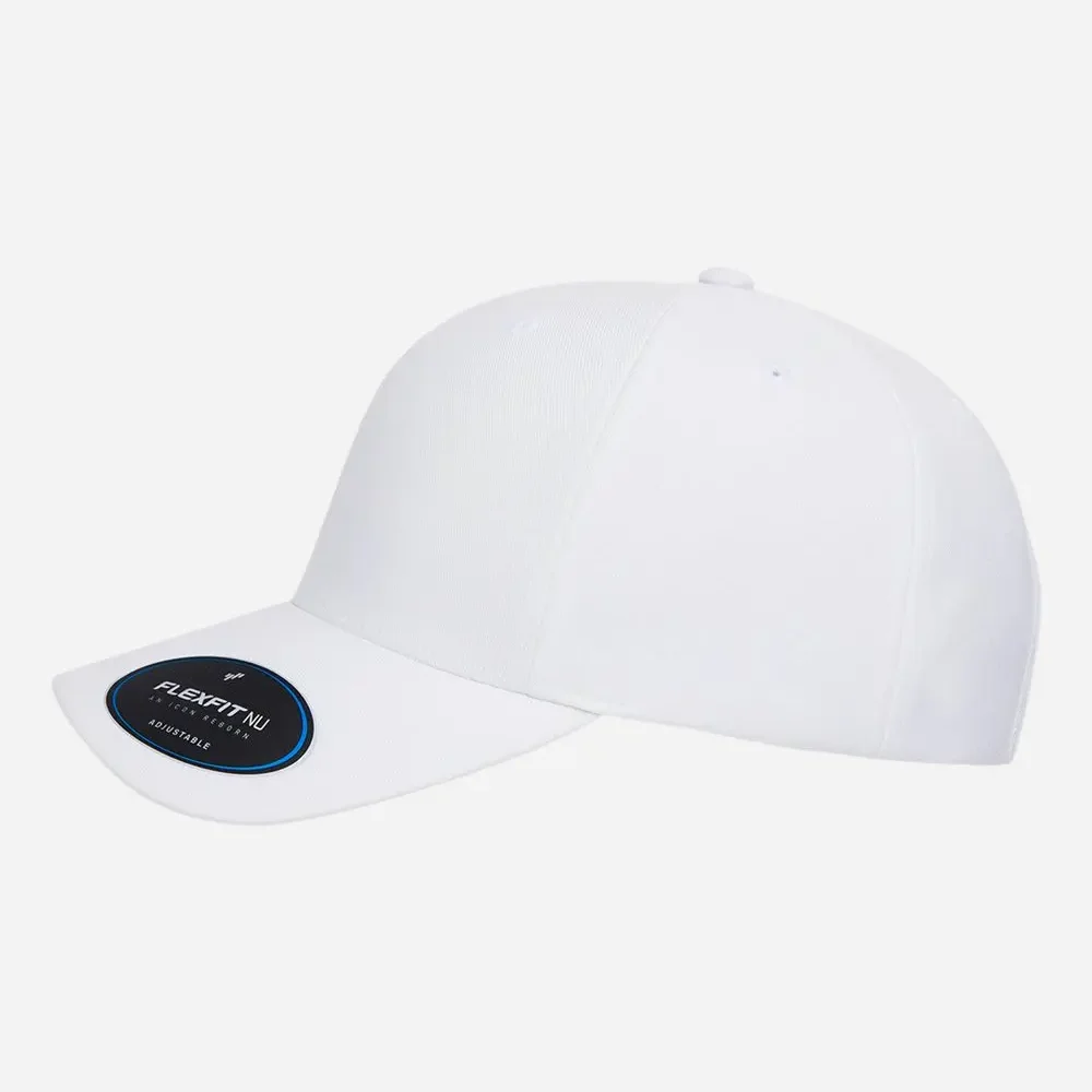 White Flexfit NU adjustable baseball cap with black logo sticker