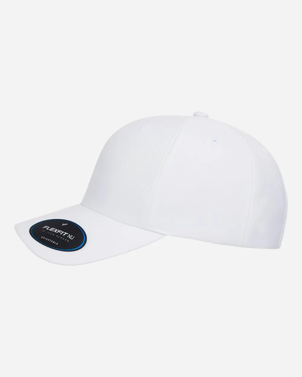 White Flexfit NU adjustable baseball cap with black logo sticker