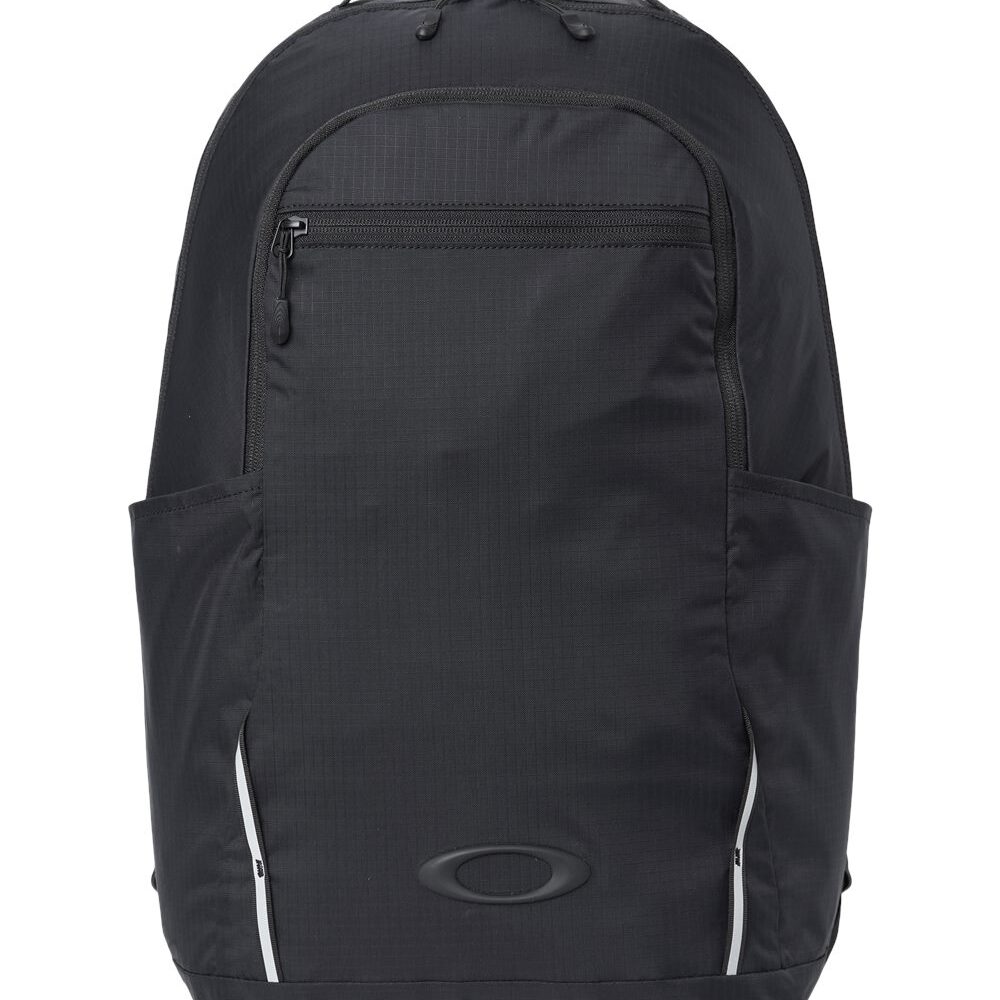 Oakley black backpack with exterior pockets and logo emblem.