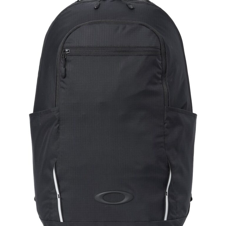 Oakley black backpack with exterior pockets and logo emblem.