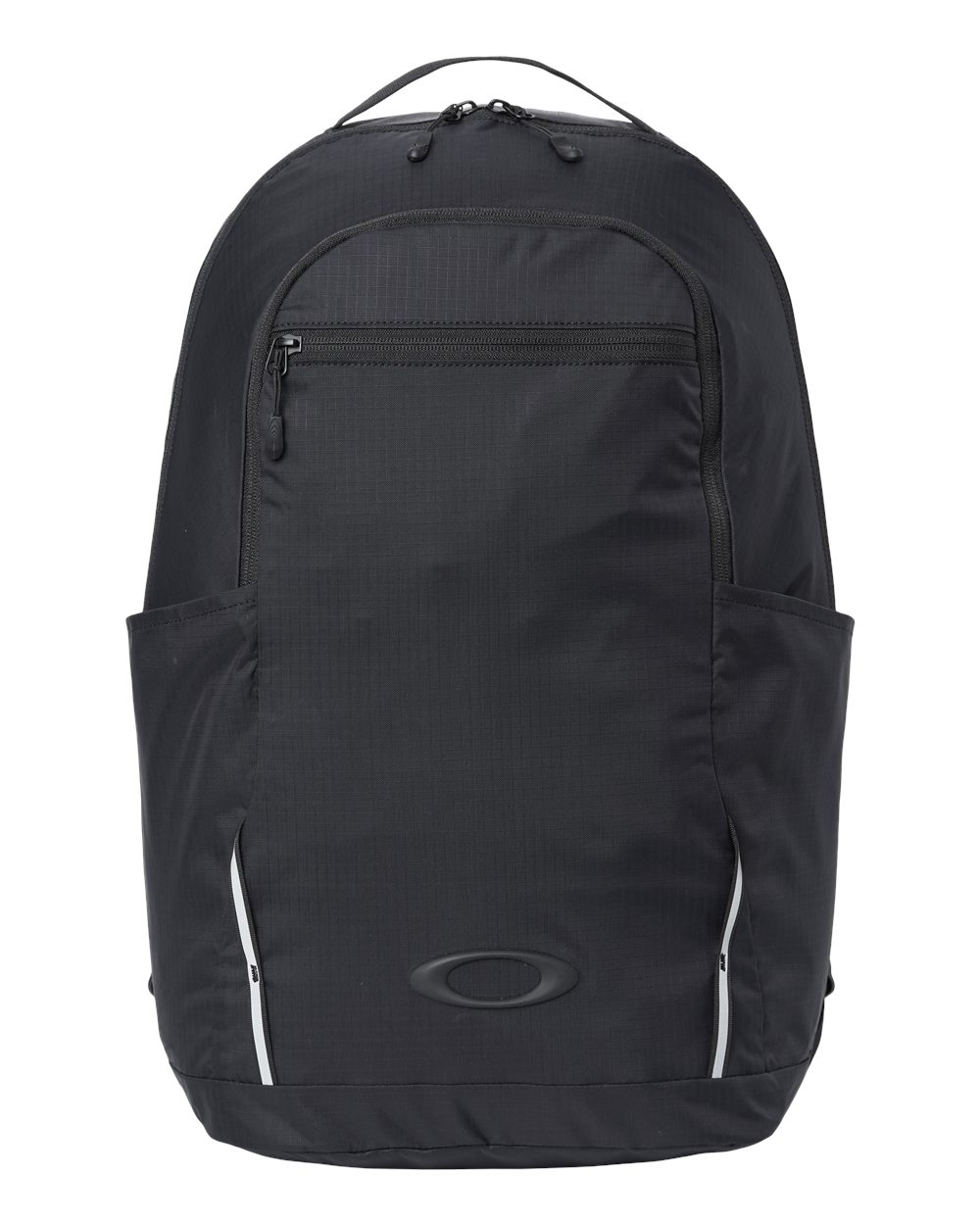 Oakley black backpack with exterior pockets and logo emblem.
