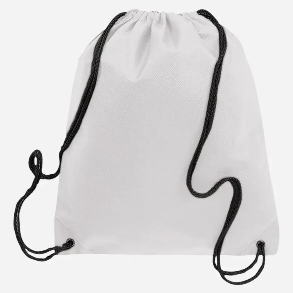 White drawstring bag with black cords.