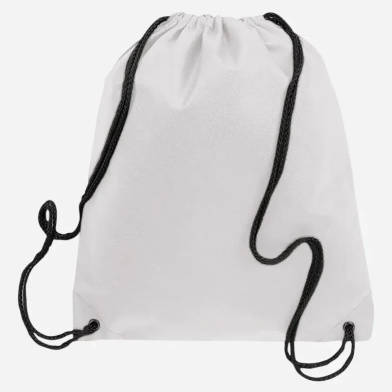 White drawstring bag with black cords.