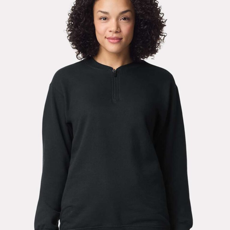 Woman wearing a black quarter zip sweatshirt.