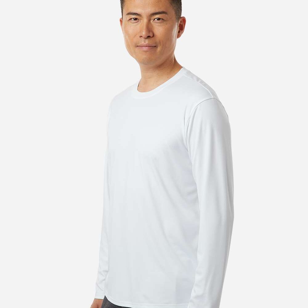 Man in a plain white long-sleeved shirt and dark grey sweatpants.