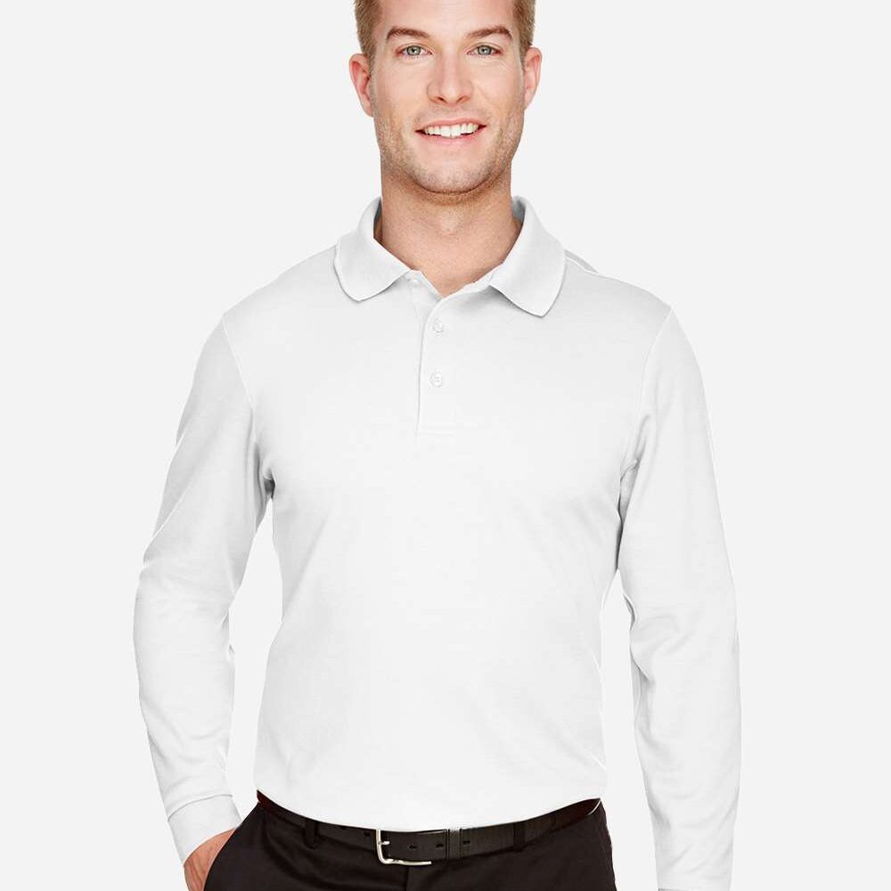 Man wearing a white long sleeve polo shirt and black trousers