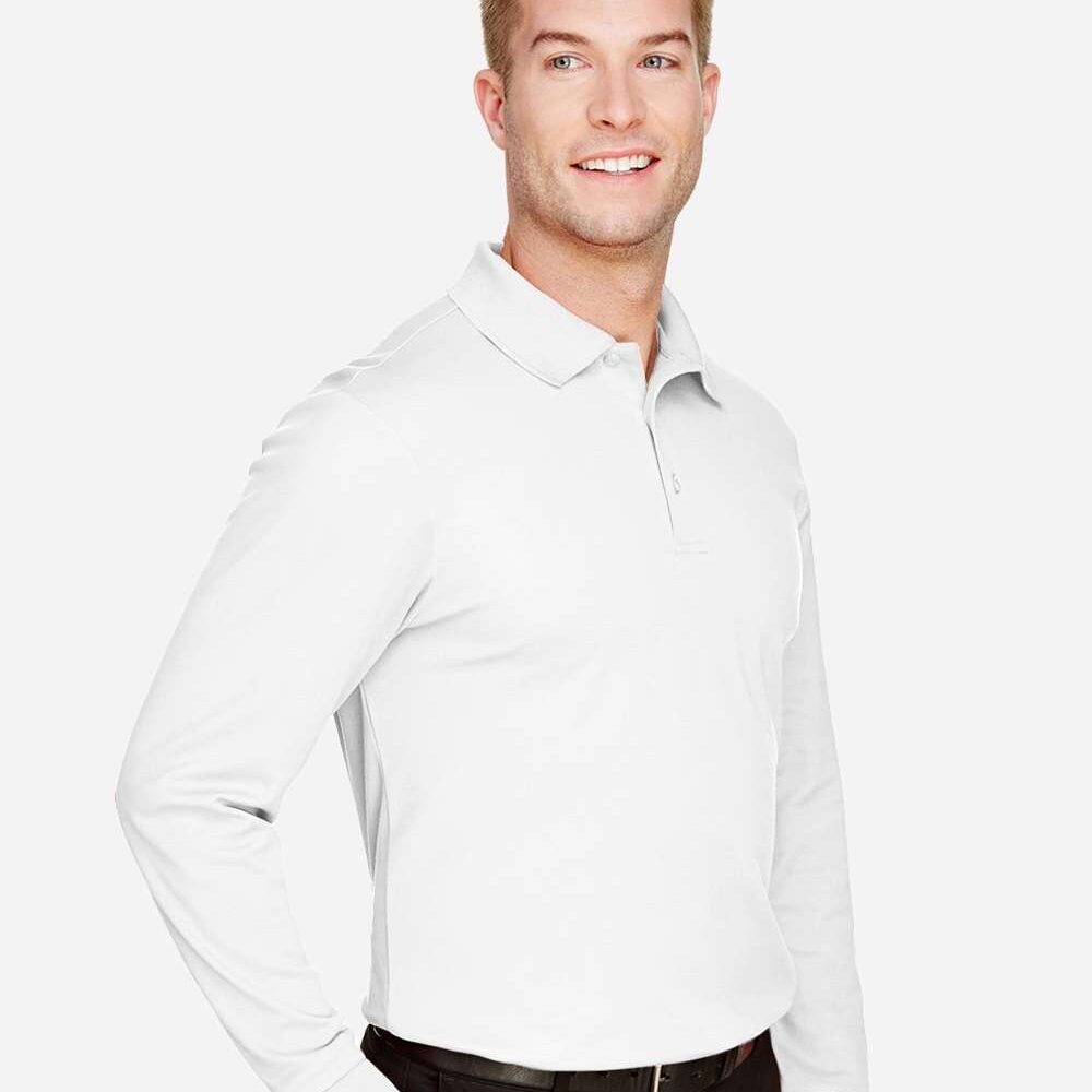 Man wearing white long-sleeved polo shirt and black trousers