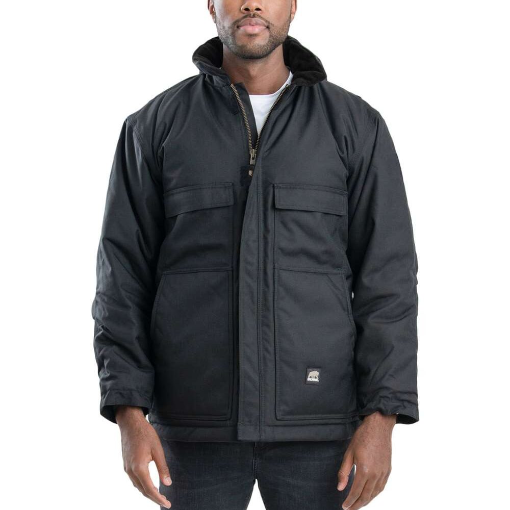 Black men's winter jacket with fur collar and utility pockets
